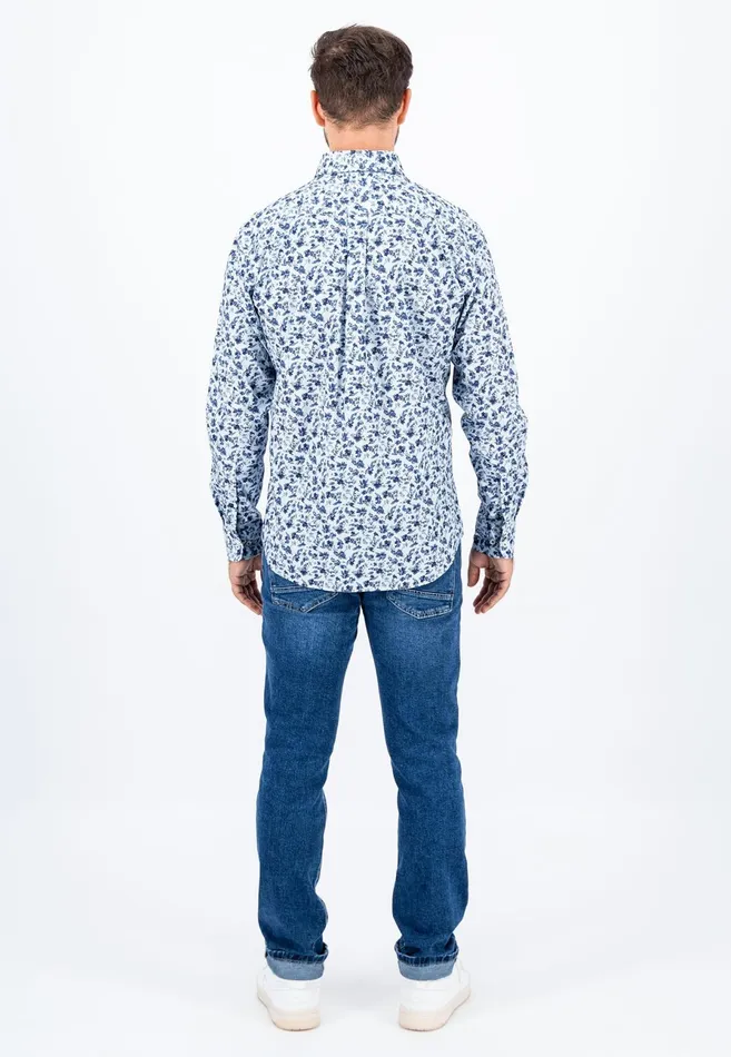 Shirts Men FYNCHHATTON Cotton Shirt With Floral Print Dark Emeraldsummer Breezevibrant Blue
