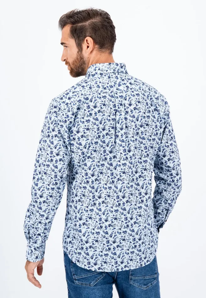 Shirts Men FYNCHHATTON Cotton Shirt With Floral Print Dark Emeraldsummer Breezevibrant Blue