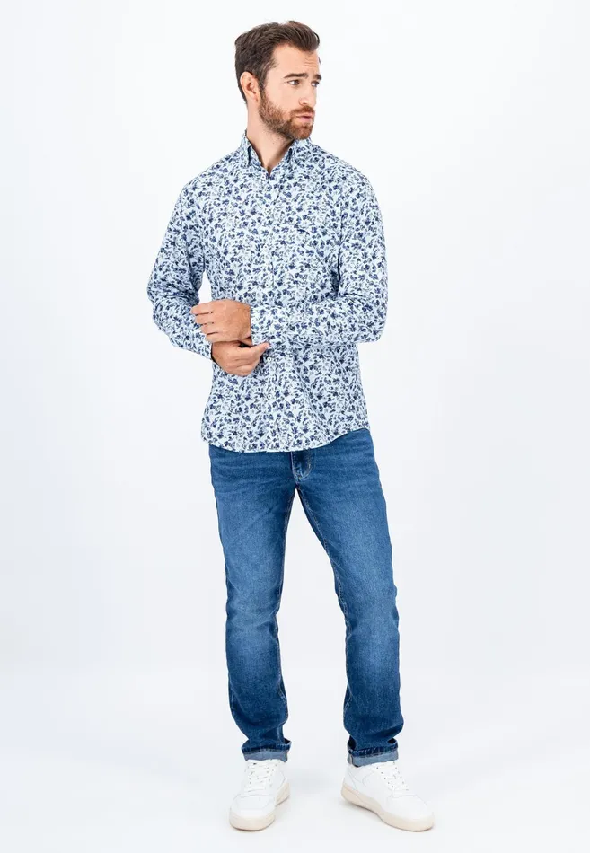 Shirts Men FYNCHHATTON Cotton Shirt With Floral Print Dark Emeraldsummer Breezevibrant Blue