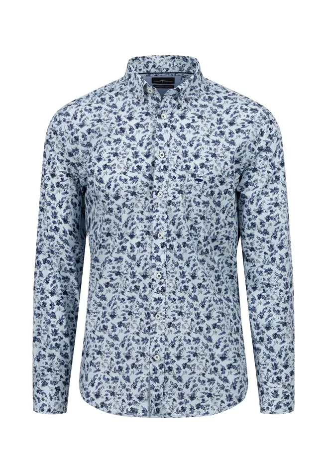 Shirts Men FYNCHHATTON Cotton Shirt With Floral Print Dark Emeraldsummer Breezevibrant Blue