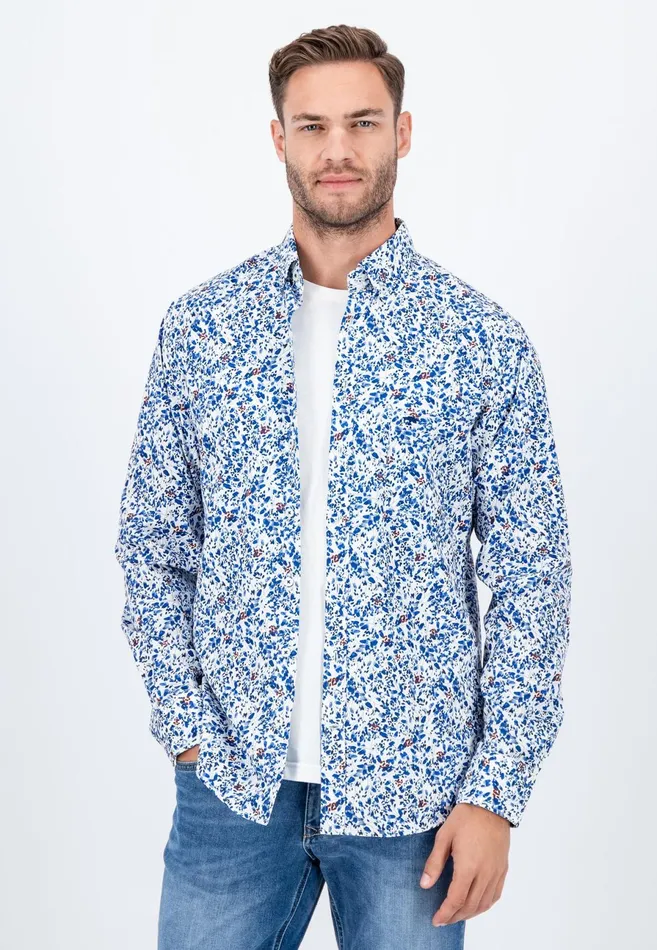 Shirts Men FYNCHHATTON Cotton Shirt With Floral Print Dark Emeraldsummer Breezevibrant Blue