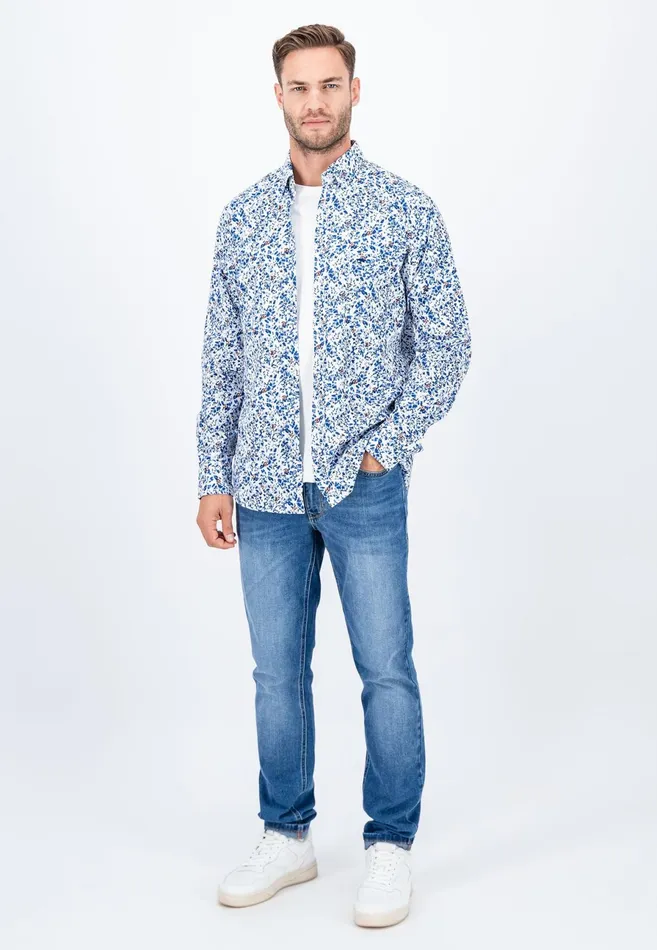 Shirts Men FYNCHHATTON Cotton Shirt With Floral Print Dark Emeraldsummer Breezevibrant Blue