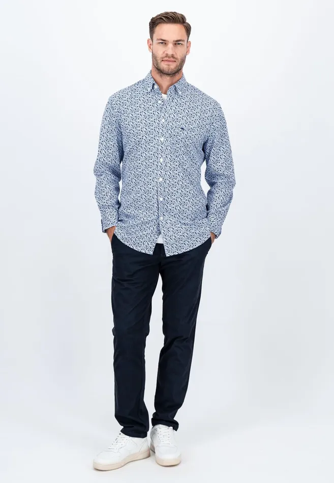 Shirts Men FYNCHHATTON Cotton Shirt With Flower Print Navydark Emeraldsoft Blue