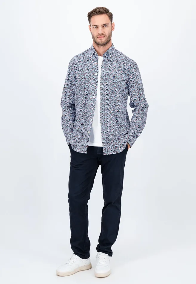 Shirts Men FYNCHHATTON Cotton Shirt With Flower Print Navydark Emeraldsoft Blue
