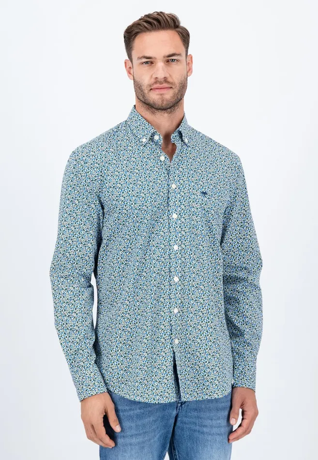 Shirts Men FYNCHHATTON Cotton Shirt With Flower Print Navydark Emeraldsoft Blue