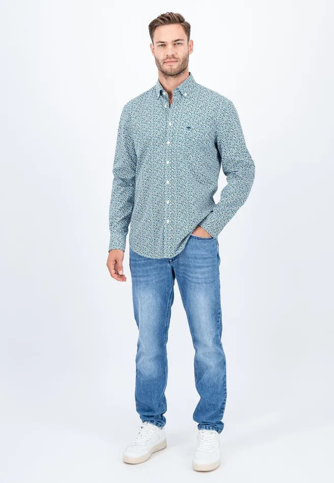 Shirts Men FYNCHHATTON Cotton Shirt With Flower Print Navydark Emeraldsoft Blue