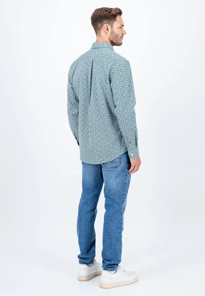 Shirts Men FYNCHHATTON Cotton Shirt With Flower Print Navydark Emeraldsoft Blue