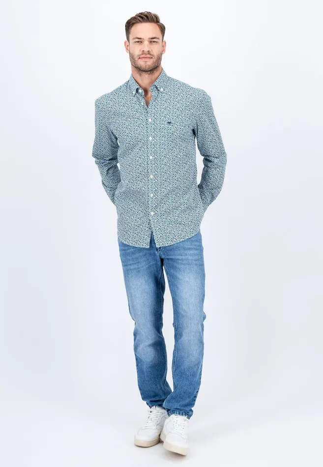 Shirts Men FYNCHHATTON Cotton Shirt With Flower Print Navydark Emeraldsoft Blue