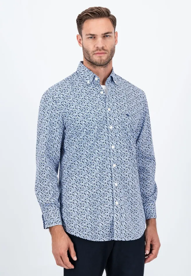 Shirts Men FYNCHHATTON Cotton Shirt With Flower Print Navydark Emeraldsoft Blue