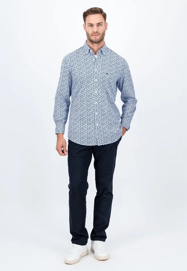 Shirts Men FYNCHHATTON Cotton Shirt With Flower Print Navydark Emeraldsoft Blue