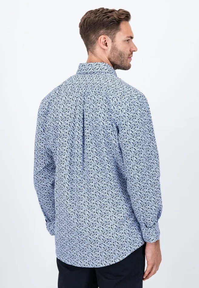 Shirts Men FYNCHHATTON Cotton Shirt With Flower Print Navydark Emeraldsoft Blue