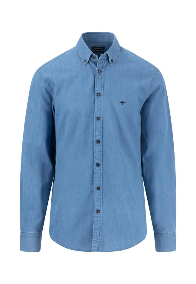 Shirts Men FYNCHHATTON Shirt With Buttondown Collar In Jeans Look Crystal Bluenavy