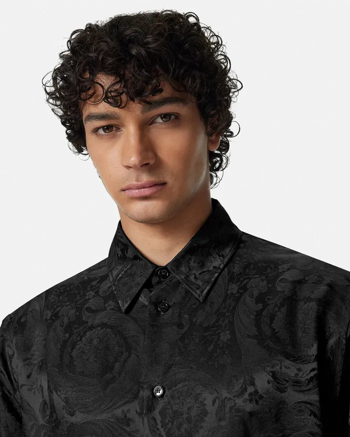 Shirts Men Versace Barocco Jacquard SilkBlend Shirt Black