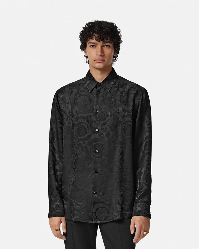 Shirts Men Versace Barocco Jacquard SilkBlend Shirt Black