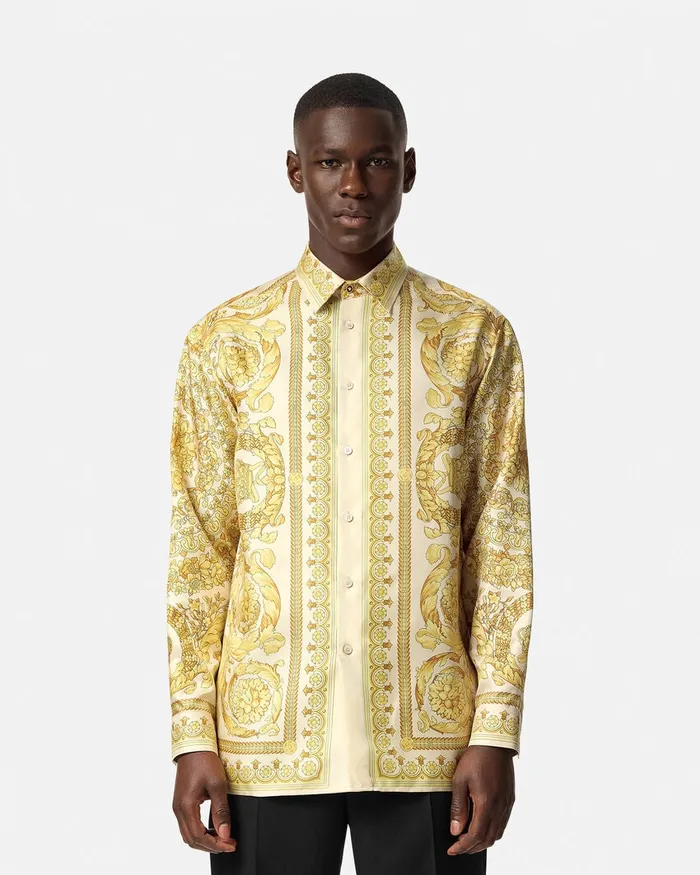 Shirts Men Versace Barocco Silk Shirt Yellowprint