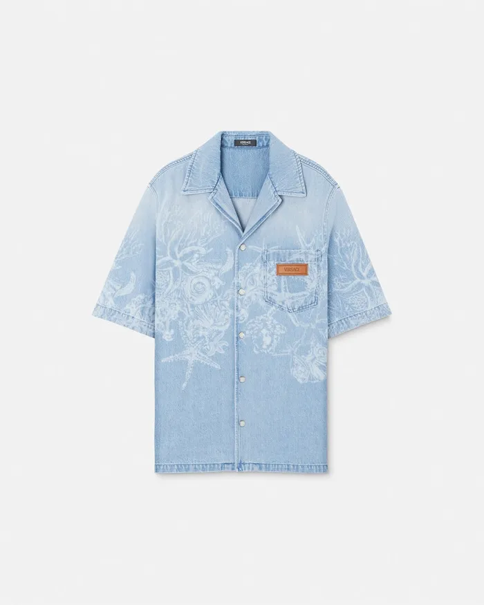 Shirts Men Versace Lasered Barocco Sea Denim Overshirt Blue