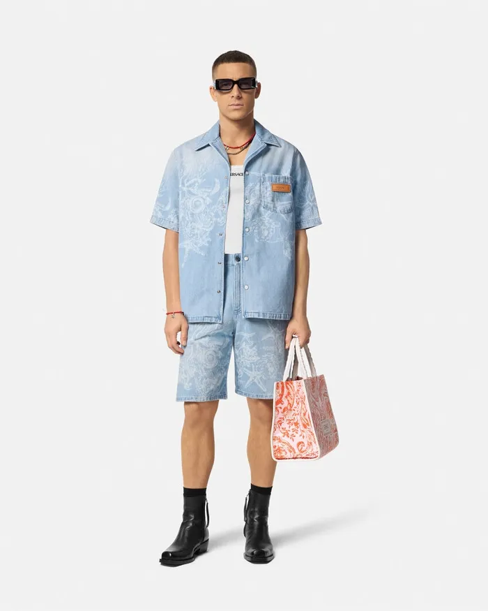 Shirts Men Versace Lasered Barocco Sea Denim Overshirt Blue