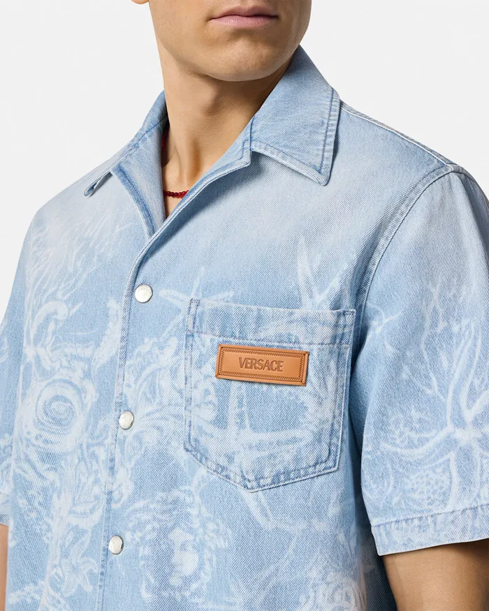 Shirts Men Versace Lasered Barocco Sea Denim Overshirt Blue