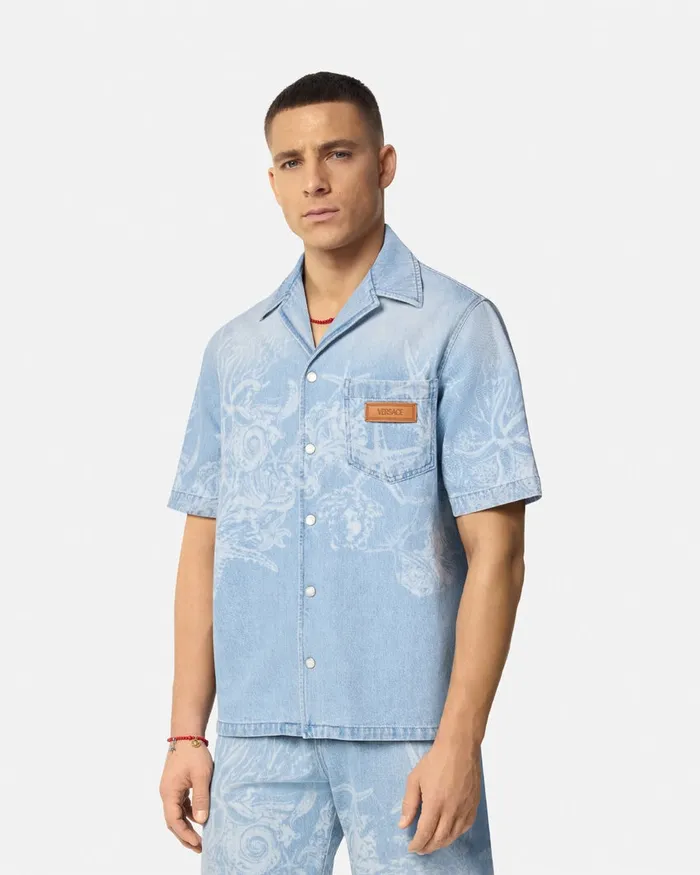 Shirts Men Versace Lasered Barocco Sea Denim Overshirt Blue