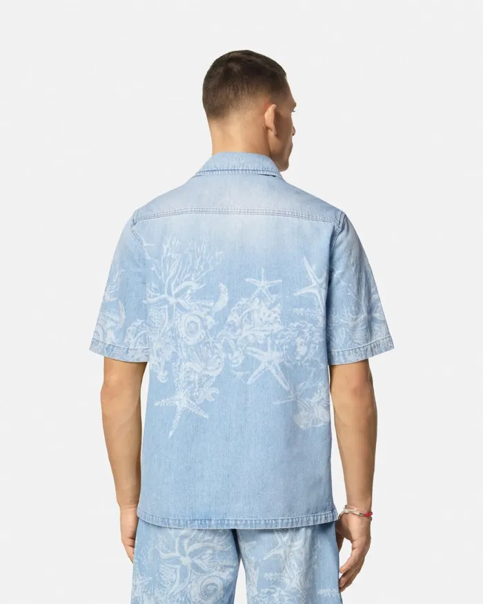 Shirts Men Versace Lasered Barocco Sea Denim Overshirt Blue