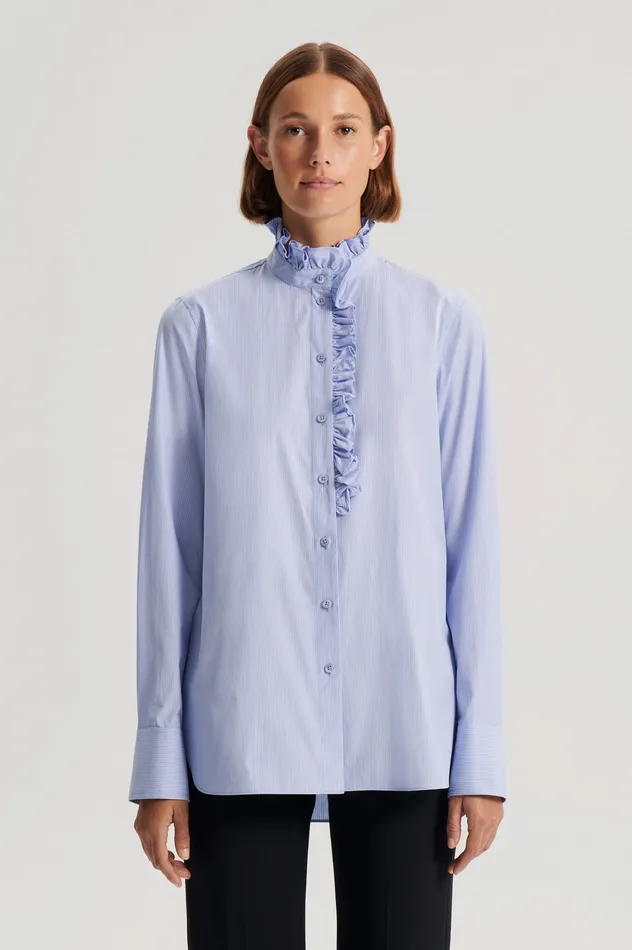 Shirts STRIPE RUFFLE TRIM SHIRT PALEBLUE 8211 Scanlan Theodore Women Shirts STRIPE RUFFLE TRIM SHIRT PALEBLUE 8211 Scanlan Theodore Women