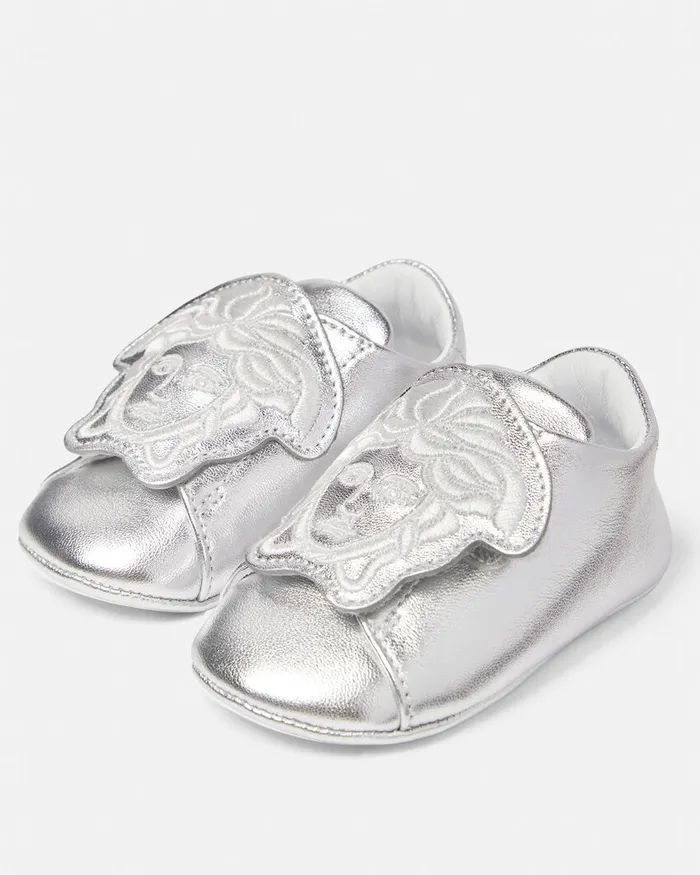 Shoes and First Steps Kids Versace La Medusa Metallic Baby Sneakers Silver