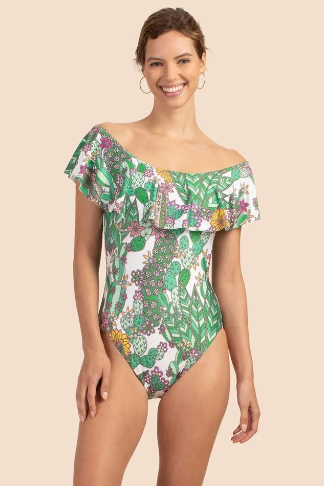SHOP Trina Turk ONE PIECE SWIMWEAR CACTI OFF THE SHOULDER RUFFLE ONE PIECE