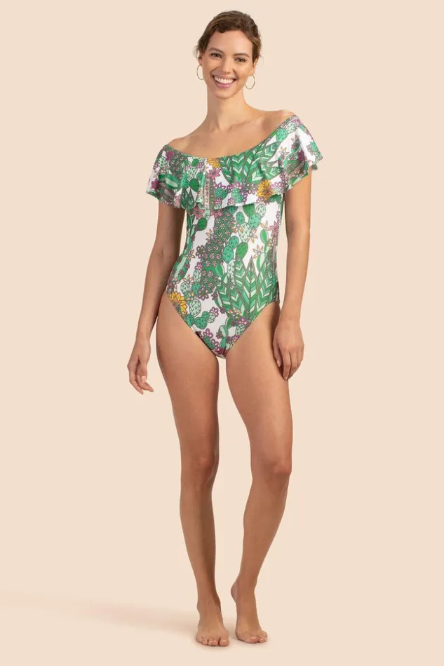 SHOP Trina Turk ONE PIECE SWIMWEAR CACTI OFF THE SHOULDER RUFFLE ONE PIECE