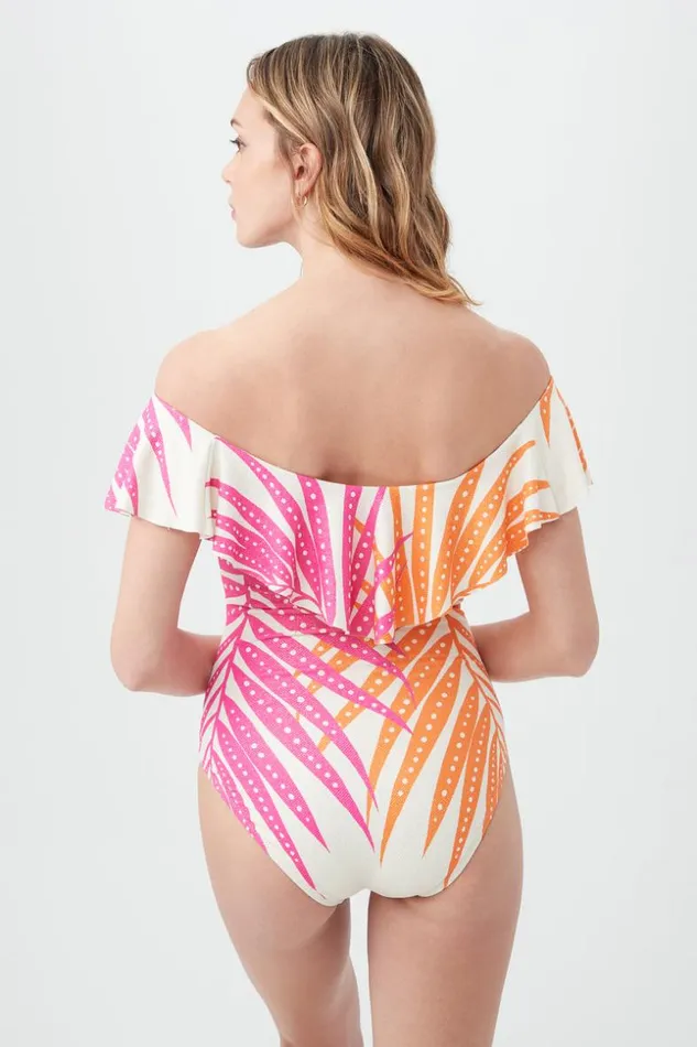 SHOP Trina Turk ONE PIECE SWIMWEAR WOMEN039S SHEER TROPICS OFF THE SHOULDER RUFFLE ONE PIECE SWIMSUIT