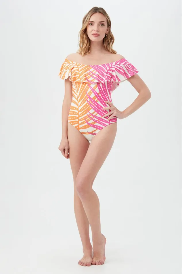 SHOP Trina Turk ONE PIECE SWIMWEAR WOMEN039S SHEER TROPICS OFF THE SHOULDER RUFFLE ONE PIECE SWIMSUIT