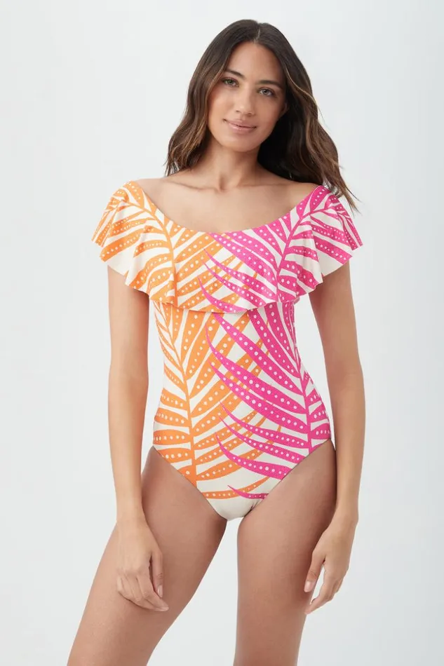 SHOP Trina Turk ONE PIECE SWIMWEAR WOMEN039S SHEER TROPICS OFF THE SHOULDER RUFFLE ONE PIECE SWIMSUIT