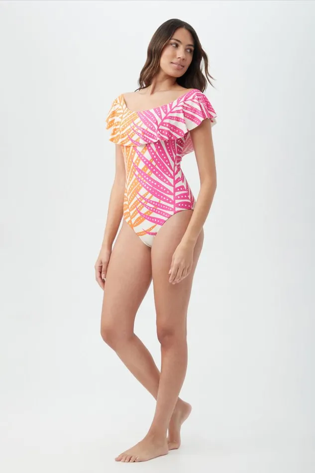 SHOP Trina Turk ONE PIECE SWIMWEAR WOMEN039S SHEER TROPICS OFF THE SHOULDER RUFFLE ONE PIECE SWIMSUIT