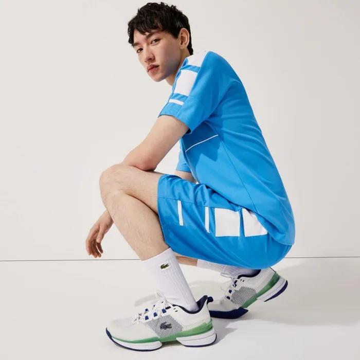 Shorts and Swim Men Lacoste Men039s SPORT Printed Side Bands Shorts Blue White 8px