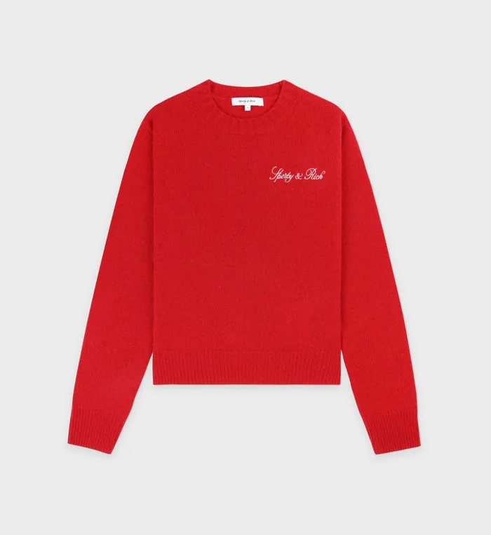 Sporty and Rich Knitwear Women Vendome Script Cashmere Crewneck 8211 RubyWhite Sporty and Rich Knitwear Women Vendome Script Cashmere Crewneck 8211 RubyWhite