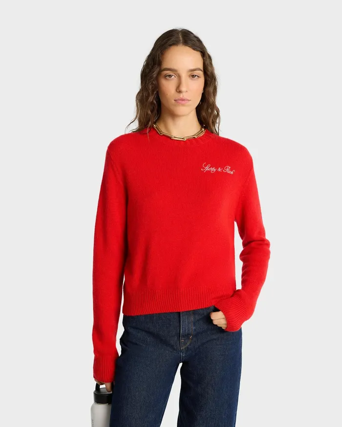 Sporty and Rich Knitwear Women Vendome Script Cashmere Crewneck 8211 RubyWhite