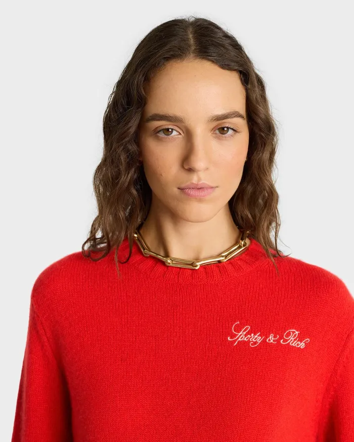 Sporty and Rich Knitwear Women Vendome Script Cashmere Crewneck 8211 RubyWhite