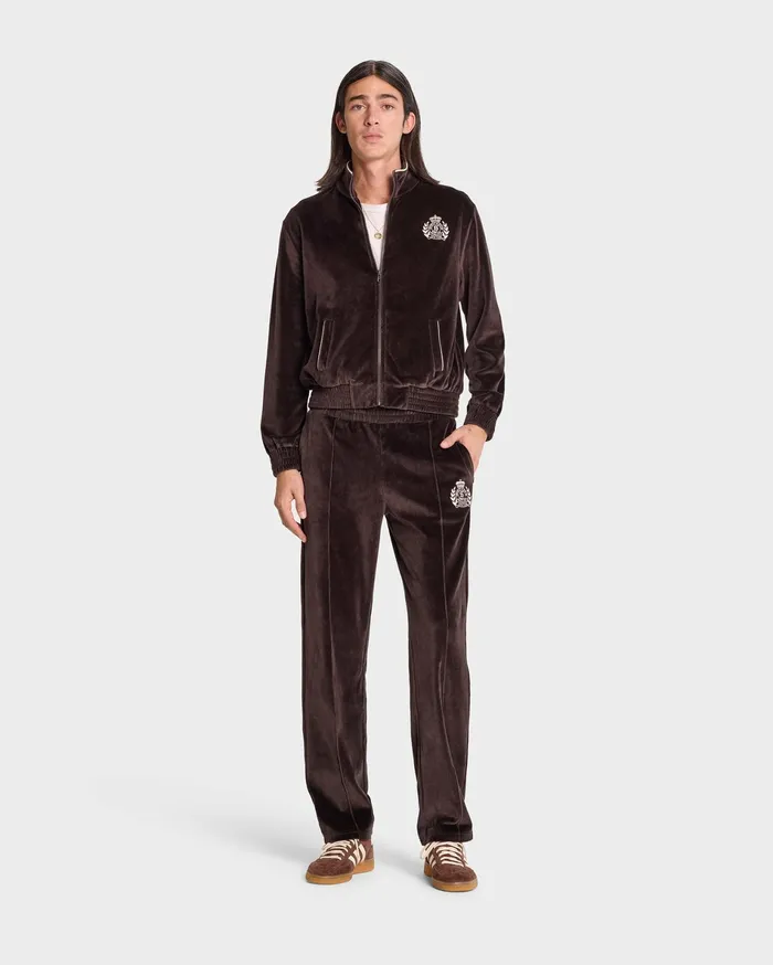 Sporty and Rich Sweatpants Women NY Crest Velour Track Pant 8211 ChocolateCream