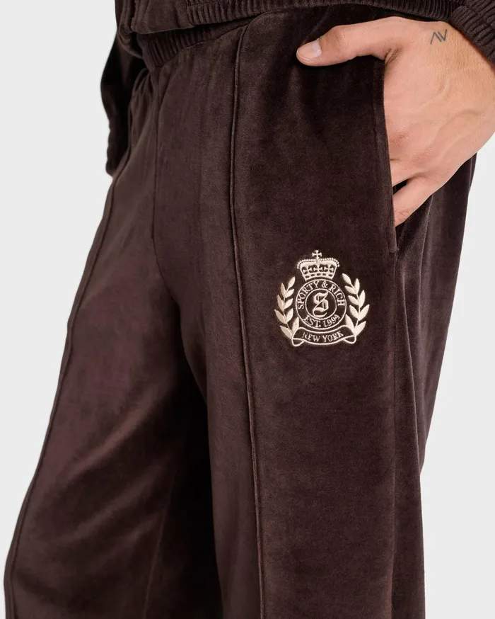 Sporty and Rich Sweatpants Women NY Crest Velour Track Pant 8211 ChocolateCream