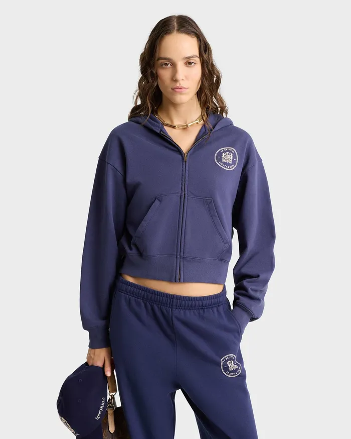 Sporty and Rich Sweatshirts Women Bristol Crest 100th Cropped Zip Hoodie 8211 NavyCream