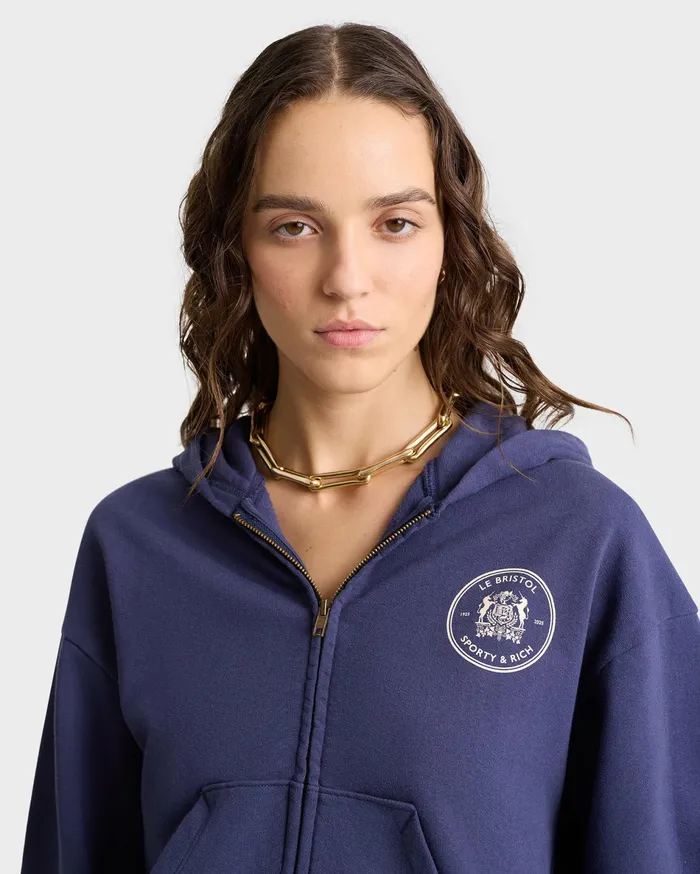 Sporty and Rich Sweatshirts Women Bristol Crest 100th Cropped Zip Hoodie 8211 NavyCream
