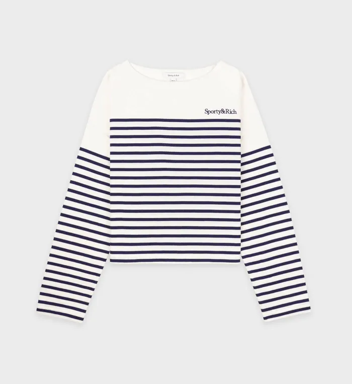 Sporty and Rich TShirts and Tops Women Serif Logo Mariniere Sweater 8211 Off WhiteNavy Stripe