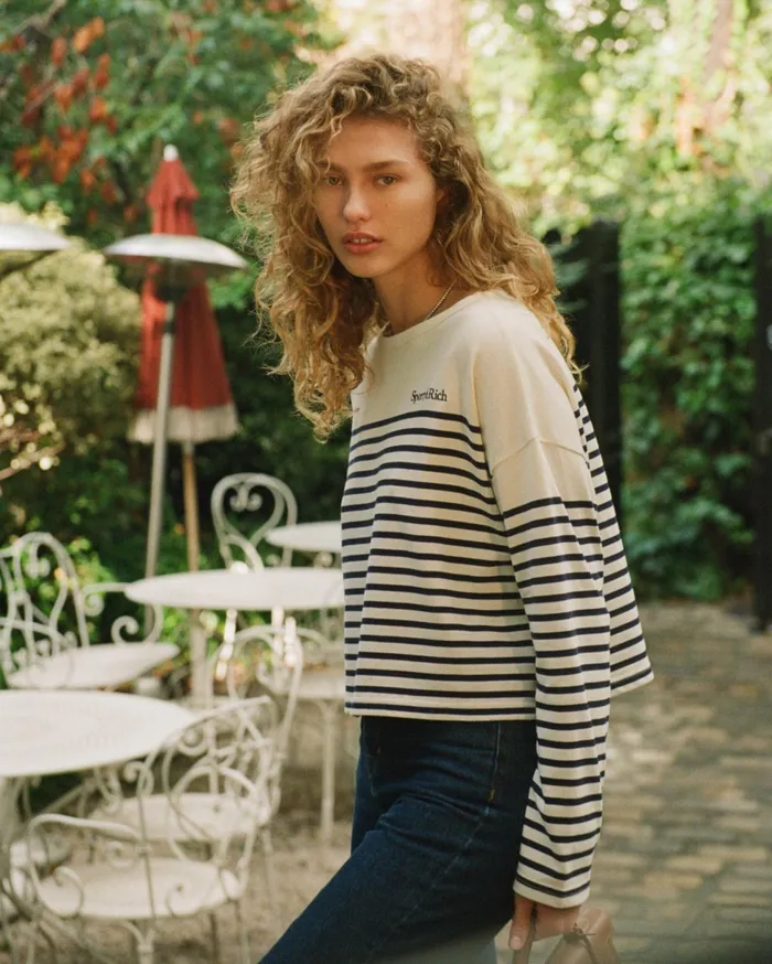Sporty and Rich TShirts and Tops Women Serif Logo Mariniere Sweater 8211 Off WhiteNavy Stripe