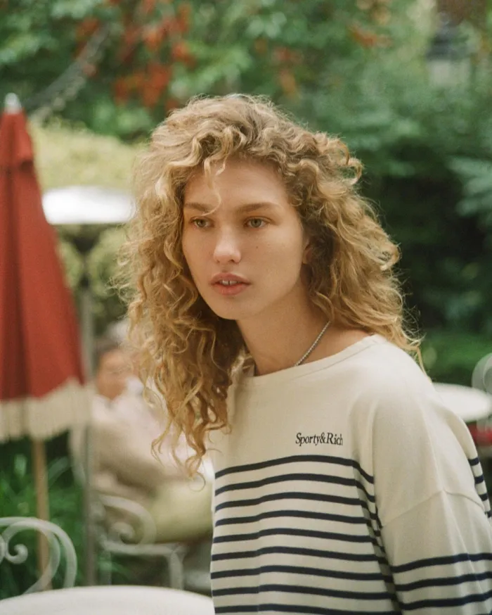 Sporty and Rich TShirts and Tops Women Serif Logo Mariniere Sweater 8211 Off WhiteNavy Stripe