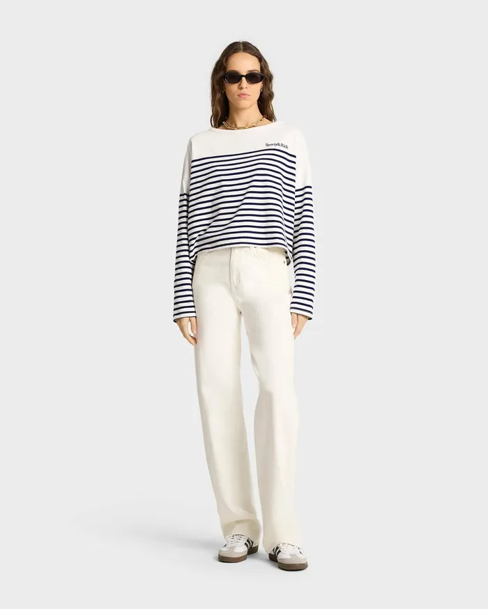 Sporty and Rich TShirts and Tops Women Serif Logo Mariniere Sweater 8211 Off WhiteNavy Stripe