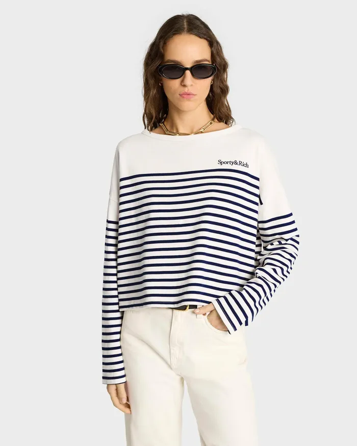Sporty and Rich TShirts and Tops Women Serif Logo Mariniere Sweater 8211 Off WhiteNavy Stripe