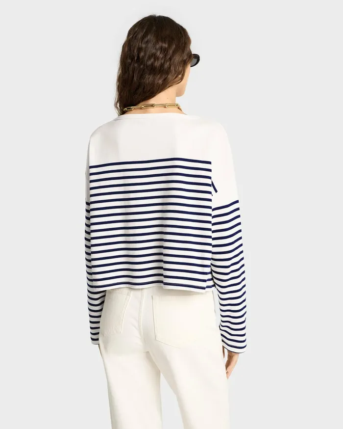 Sporty and Rich TShirts and Tops Women Serif Logo Mariniere Sweater 8211 Off WhiteNavy Stripe