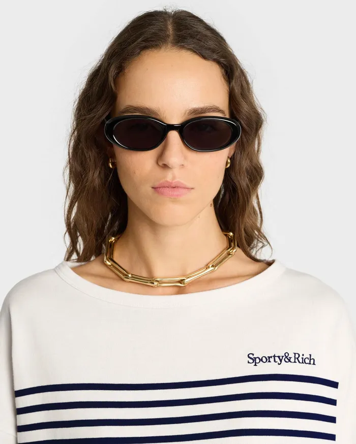 Sporty and Rich TShirts and Tops Women Serif Logo Mariniere Sweater 8211 Off WhiteNavy Stripe