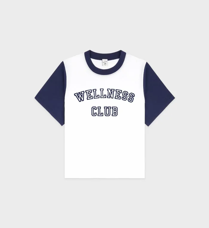 Sporty and Rich TShirts and Tops Women Wellness Club Color Block Cropped Tee 8211 WhiteNavy