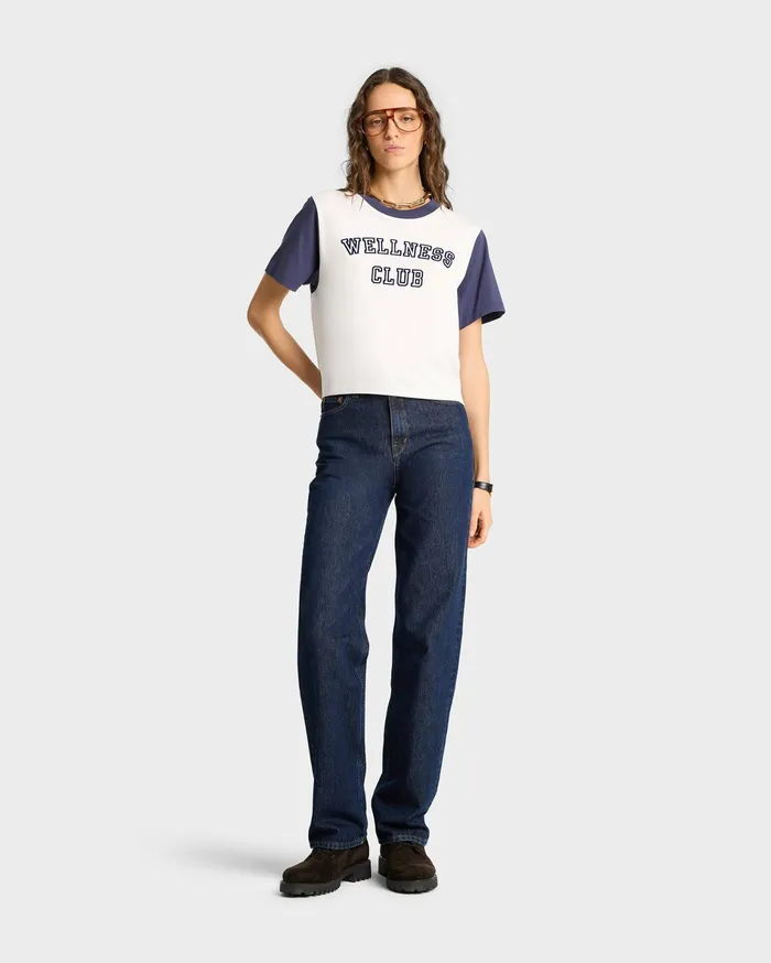 Sporty and Rich TShirts and Tops Women Wellness Club Color Block Cropped Tee 8211 WhiteNavy