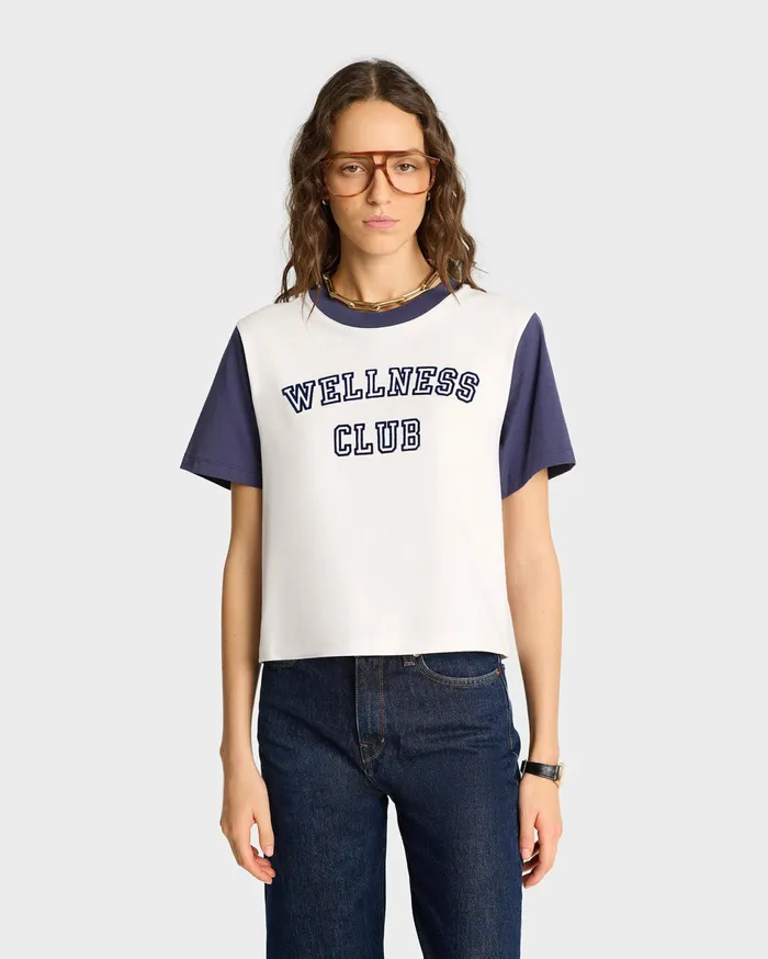 Sporty and Rich TShirts and Tops Women Wellness Club Color Block Cropped Tee 8211 WhiteNavy